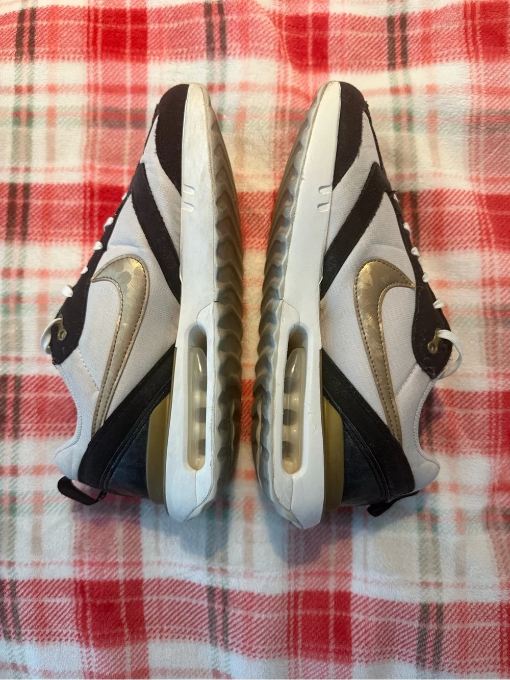 Nike Women’s Air Max Dawn White and Gold Athletic Sneakers with Black Accents